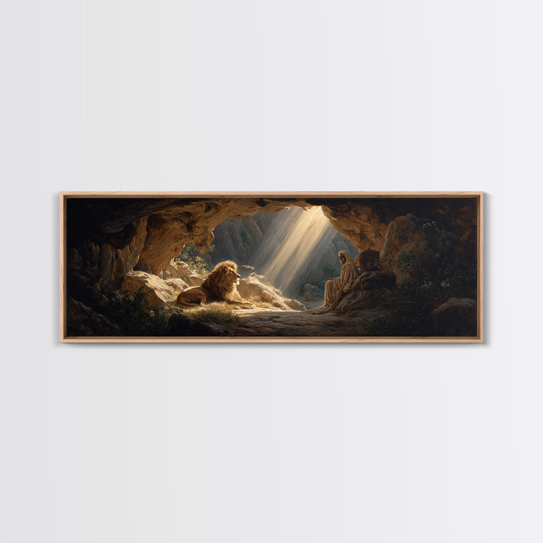 Sunlit Cave Scene With Lion And Sage Figure Painting Wall Art Framed Canvas Print For Mystical Home Decor