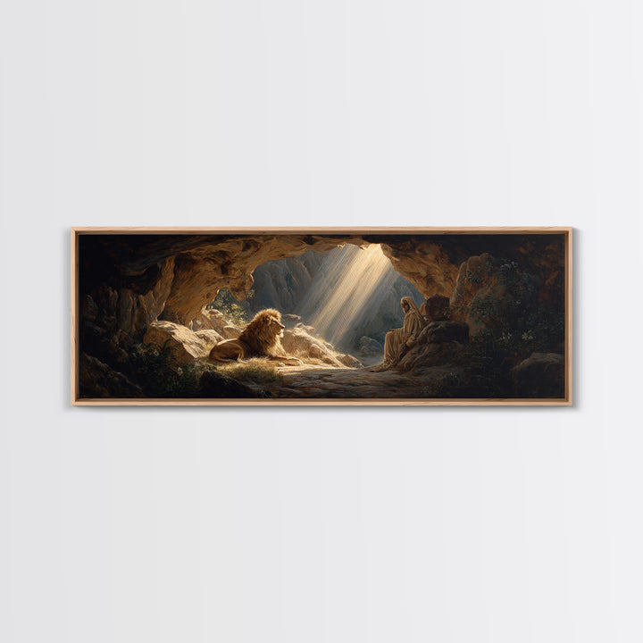 Sunlit Cave Scene With Lion And Sage Figure Painting Wall Art Framed Canvas Print For Mystical Home Decor