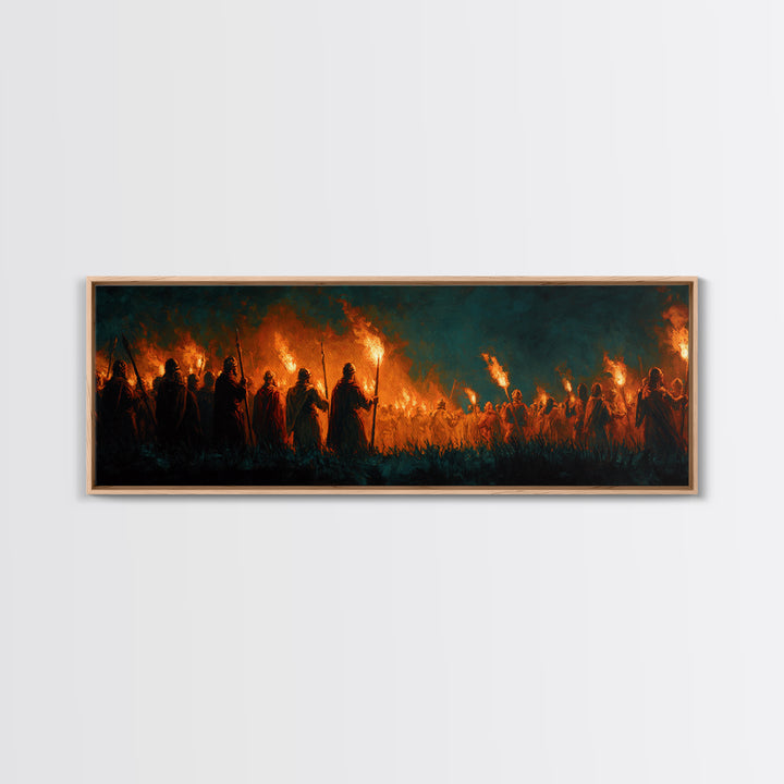 Moody Fiery Torch Lit Night Procession Painting Wall Art Framed Canvas Print For Medieval Dark Romantic And Gothic Decor