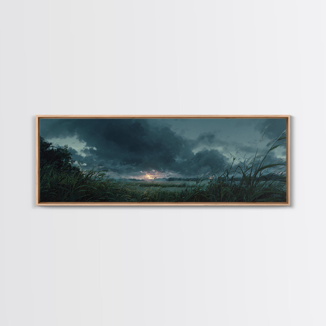 Dramatic Stormy Landscape Digital Painting With Lush Grasses and Dark Clouds Sunset Scene Canvas Print
