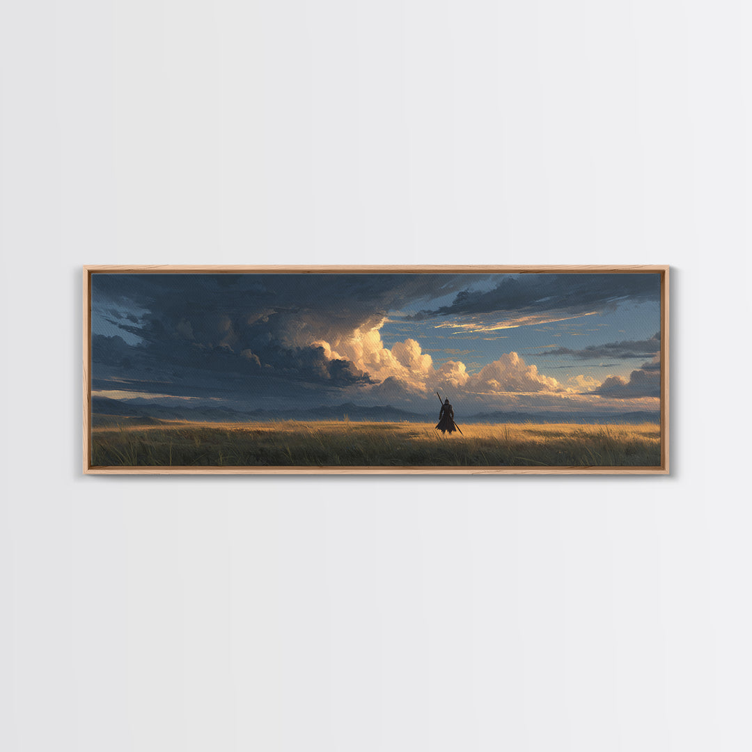 Knight In Field Under Dramatic Cloudscape Sunset Sky Wall Art Canvas Print For Rustic Living Room Decor And Gift For Him