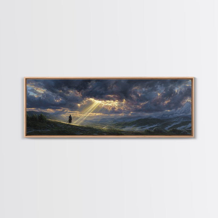 Sunlight Breaking Through Stormy Clouds Over Knight In Vast Landscape Canvas Print Large Wall Art For Moody Home Decor