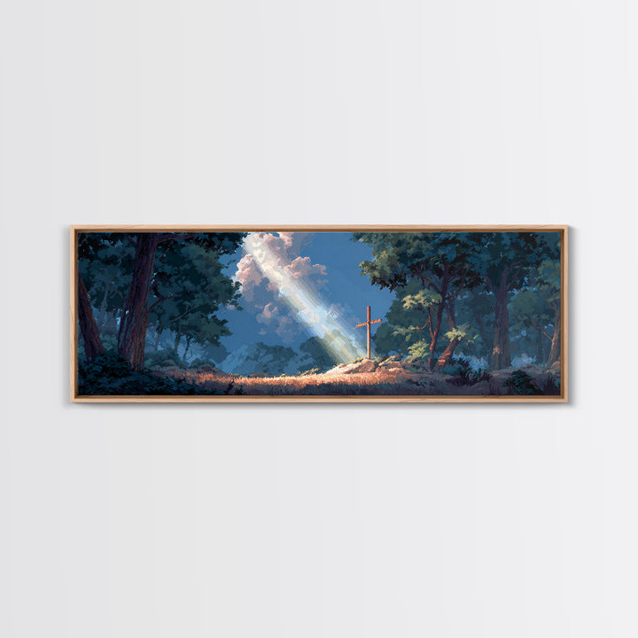 Sun Beam Lighting Cross On Hill With Forest Background Moody Religious Wall Art Canvas Print