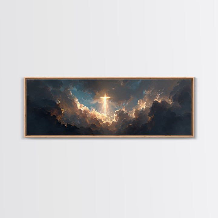 Majestic Gleaming Cross In Clouds Spiritual Religious Wall Art Framed Canvas Print Inspirational Home Decor