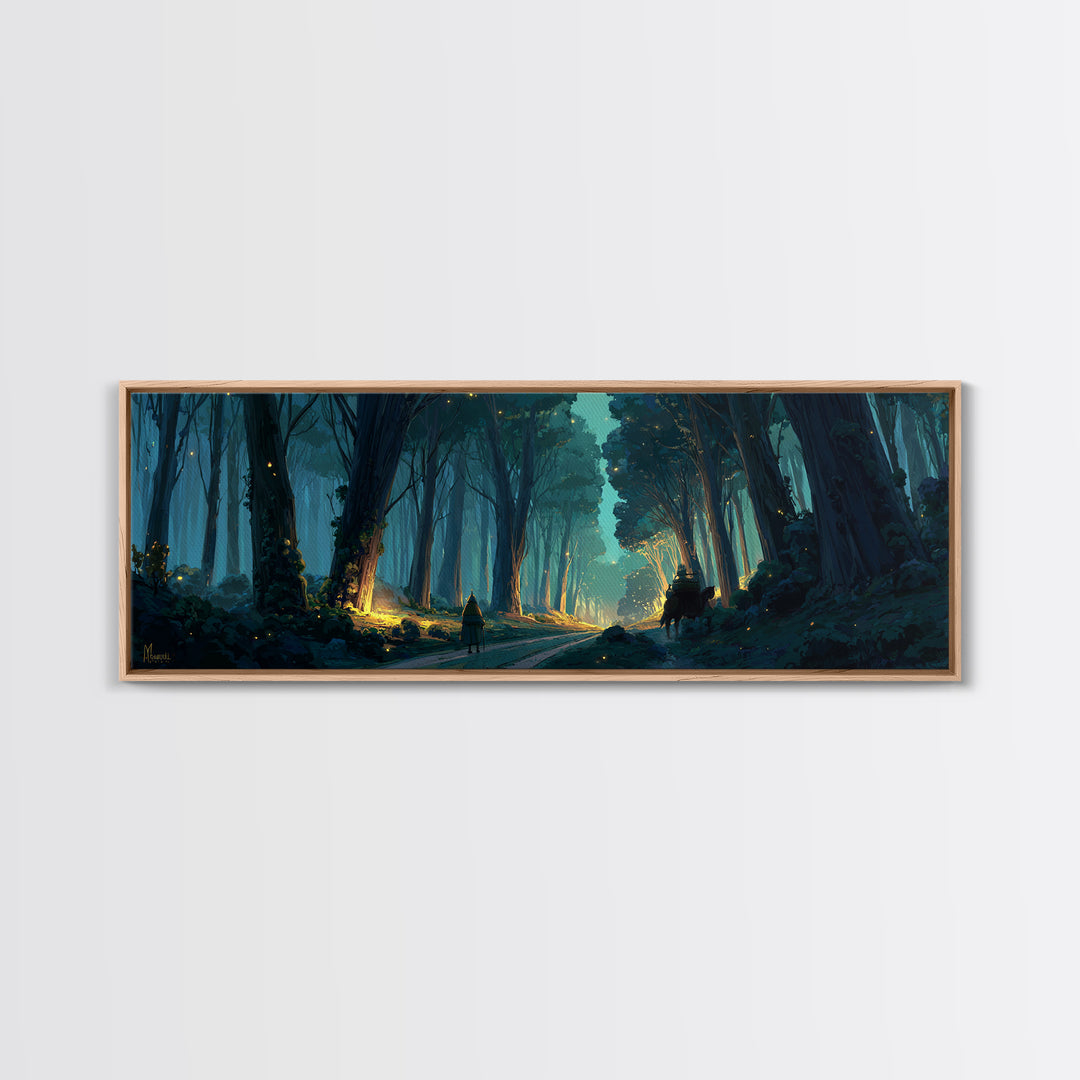 Mystical Enchanted Forest Pathway With Lanterns And Traveler Walking Horse Canvas Print