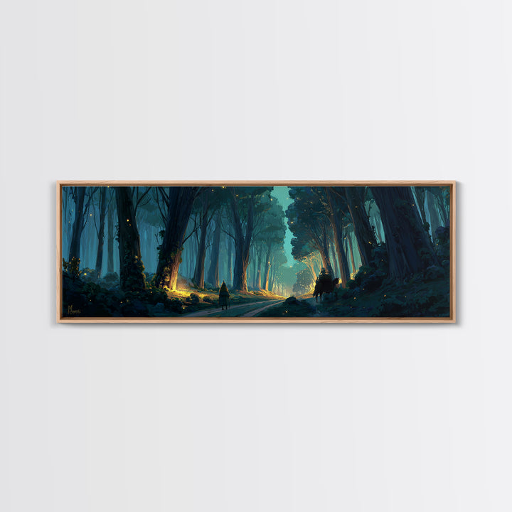 Mystical Enchanted Forest Pathway With Lanterns And Traveler Walking Horse Canvas Print