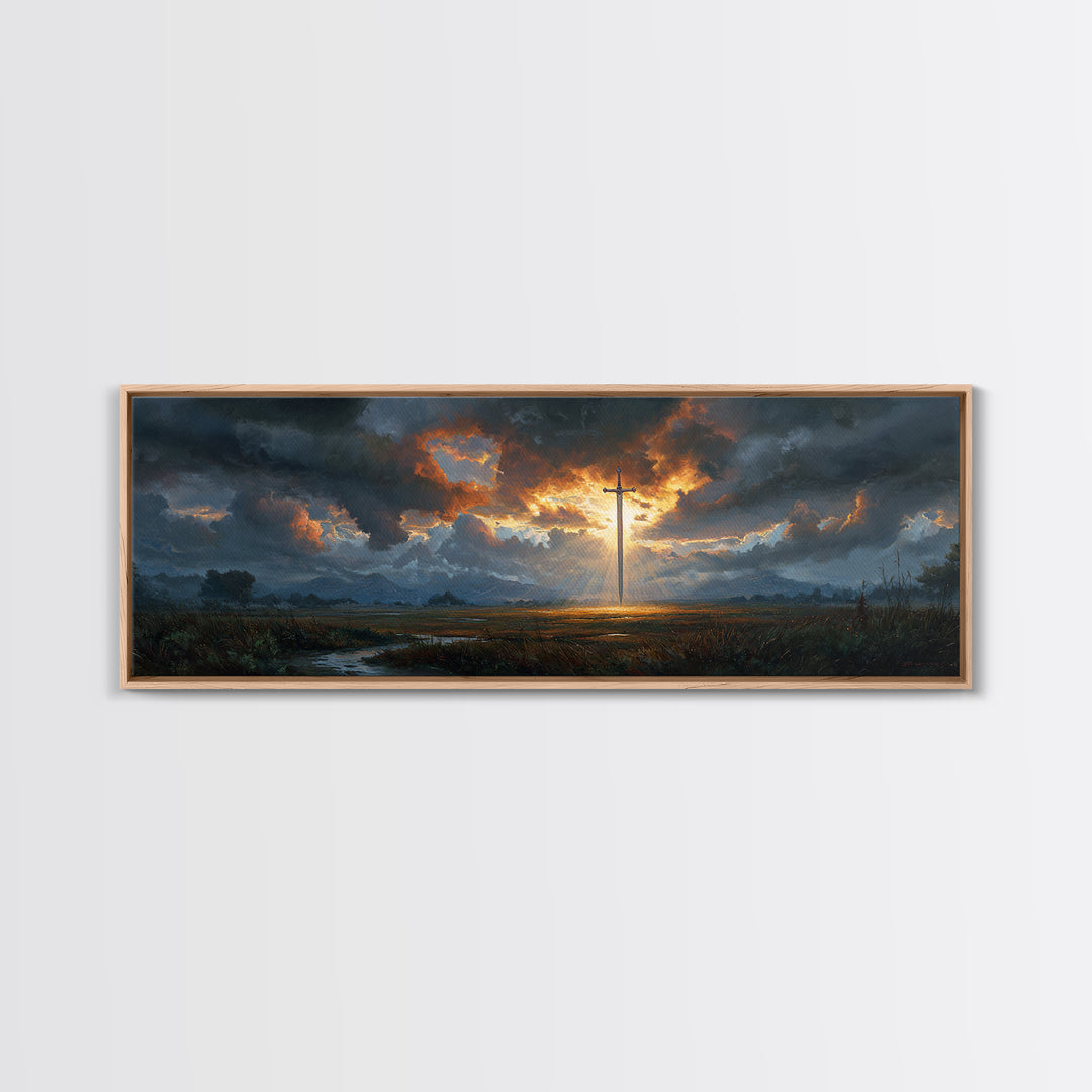 Dramatic Sword Light Rays Landscape Oil Painting Wall Art Framed Canvas Print with Realistic Fantasy Scene for Home and Office
