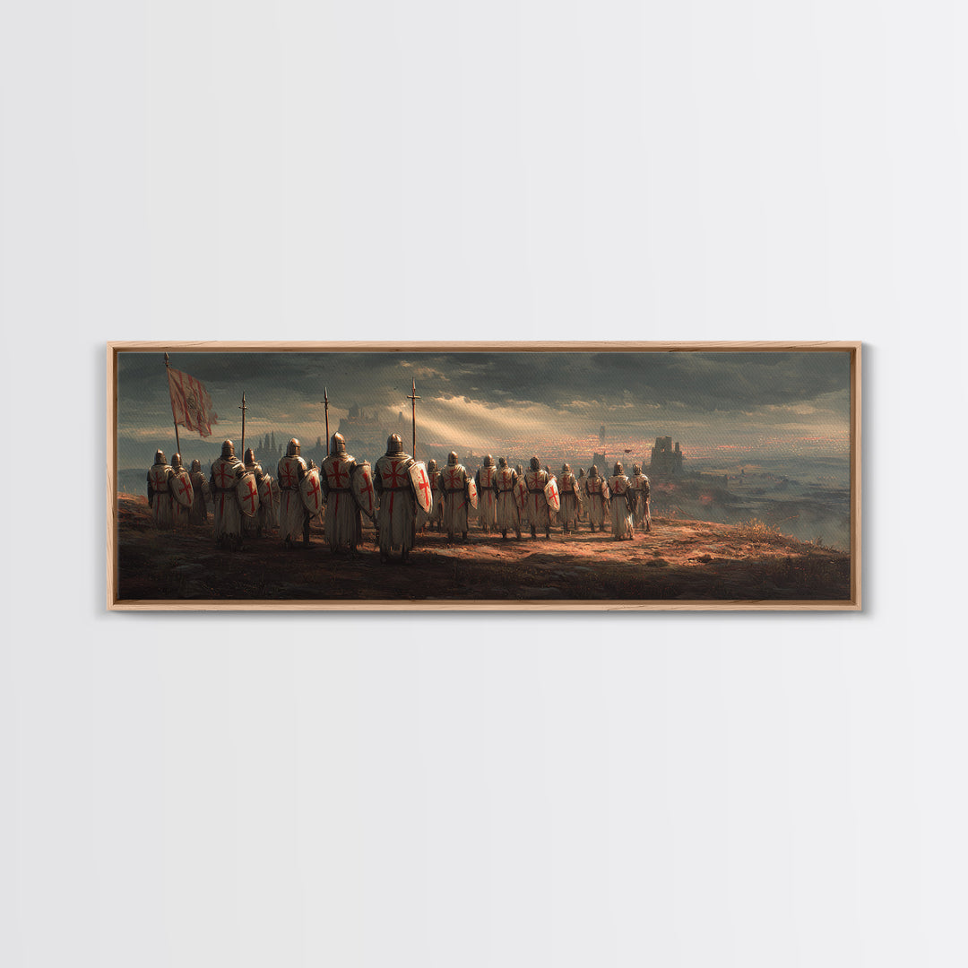 Medieval Knights With Cross Shields In Battlefield At Dusk Wall Art Framed Canvas Print For Living Room Decor