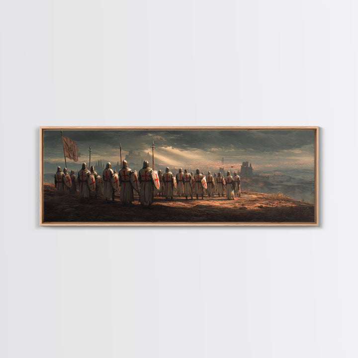 Medieval Knights With Cross Shields In Battlefield At Dusk Wall Art Framed Canvas Print For Living Room Decor