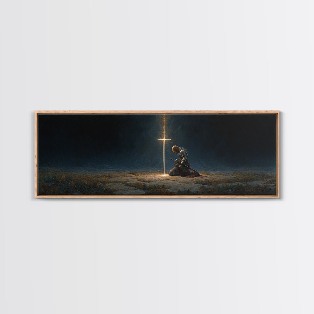 Medieval Knight Kneeling In Prayer Before Glowing Cross Fantasy Wall Art Framed Canvas Print Historic Decor