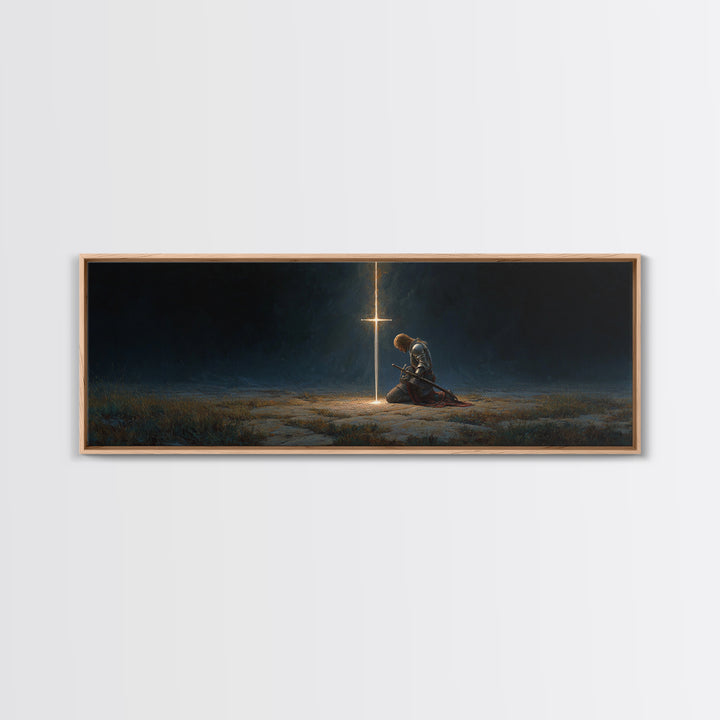 Medieval Knight Kneeling In Prayer Before Glowing Cross Fantasy Wall Art Framed Canvas Print Historic Decor