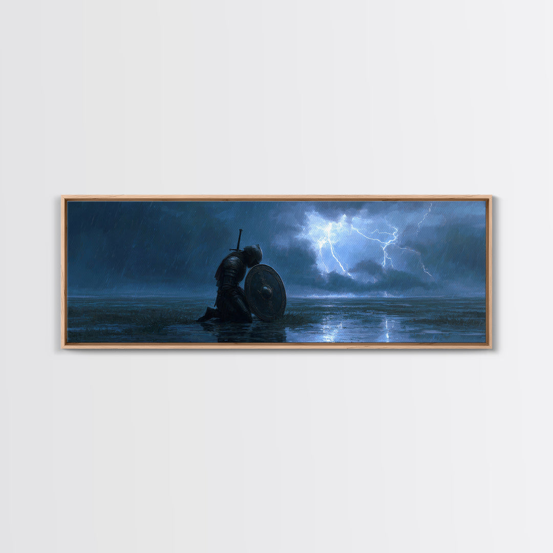 Medieval Knight Kneeling In Rain With Shield Lighting Stormy Sky - Canvas Print, Wall Art For Living Room, Office Decor, Gift For Him