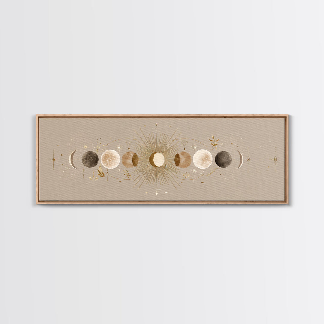 Moon Phases Celestial Wall Art, Gold Sun And Lunar Canvas Print, Neutral Boho Bedroom Decor, Mystical Above Bed Art Print
