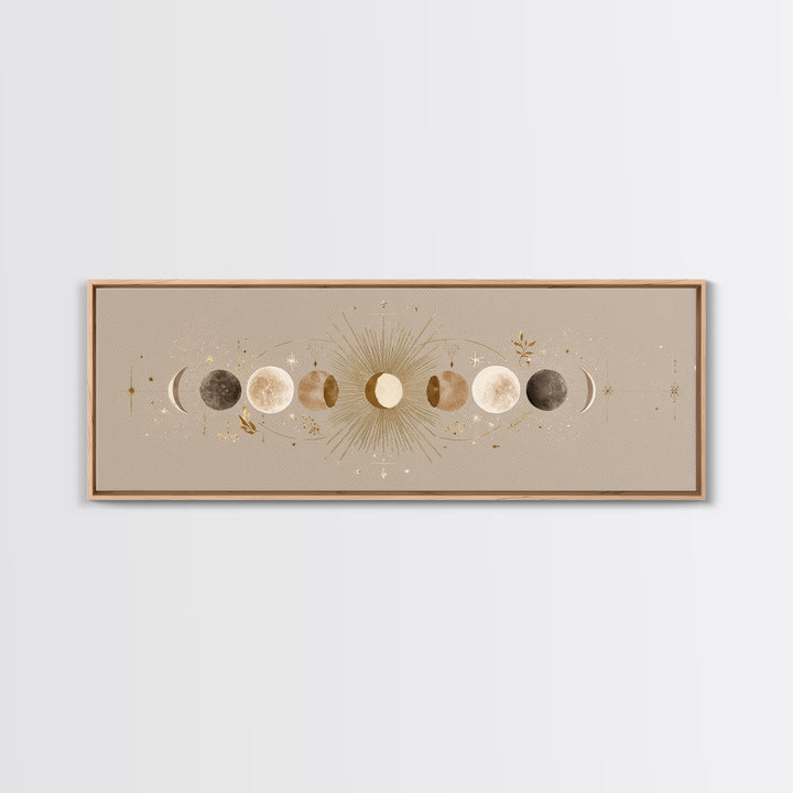 Moon Phases Celestial Wall Art, Gold Sun And Lunar Canvas Print, Neutral Boho Bedroom Decor, Mystical Above Bed Art Print