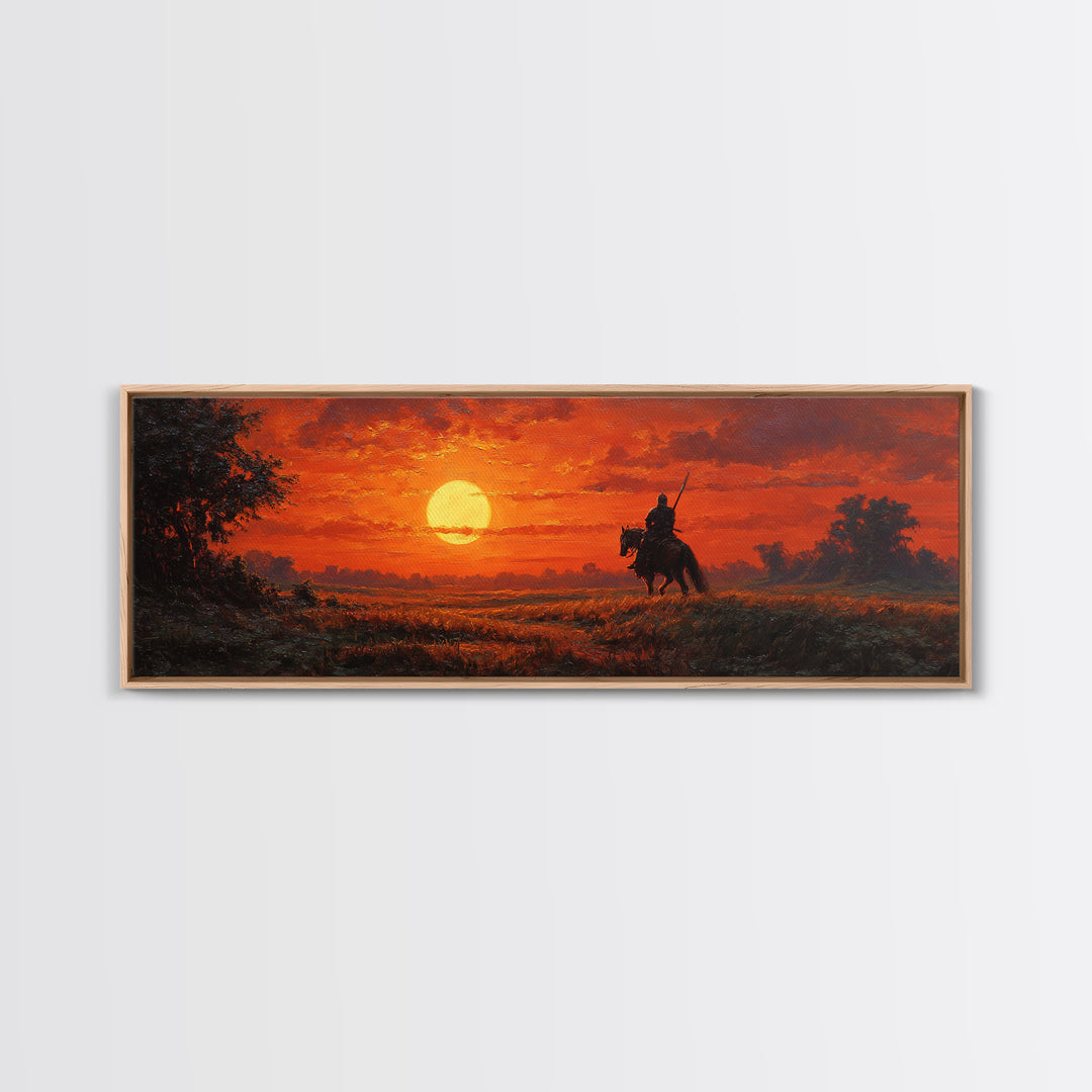 Sunset Scene Painting Of Knight On Horseback In Golden Field Stunning Orange Sky Wall Art