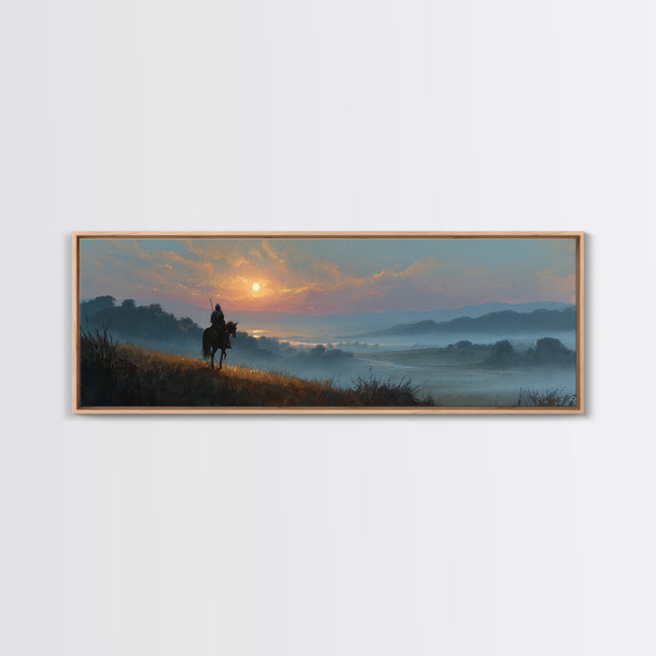 Knight On Horseback Overlooking Serene Valley At Sunset Landscape Wall Art Canvas Print For Calming Decor