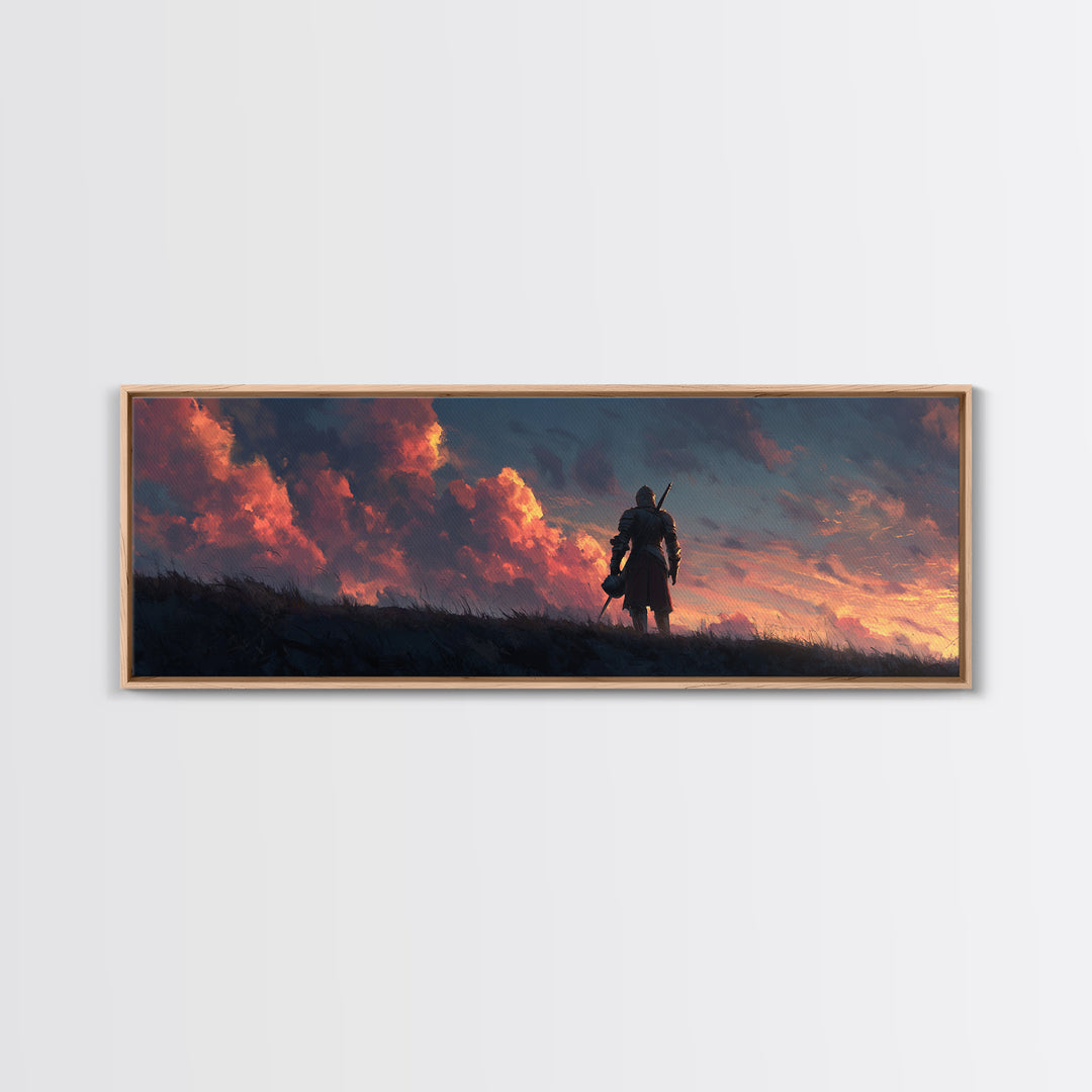 Medieval Knight Standing Against Dramatic Sunset Sky - Inspirational Wall Art Canvas Print For Bedroom And Office Decor
