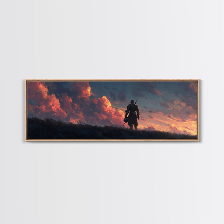 Medieval Knight Standing Against Dramatic Sunset Sky - Inspirational Wall Art Canvas Print For Bedroom And Office Decor