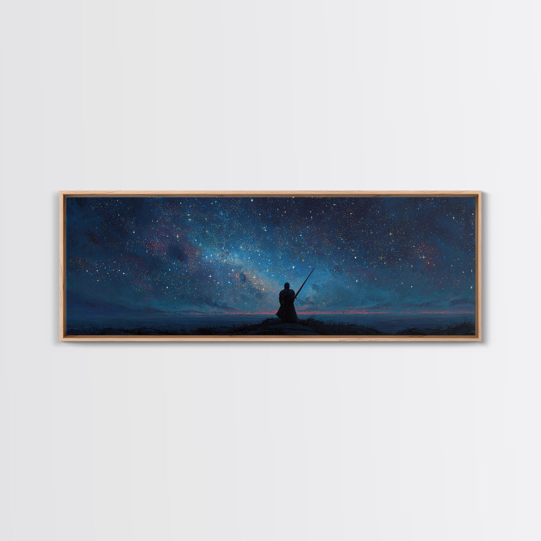 Magical Knight In Armor Under Starry Sky Night Landscape Wall Art Framed Canvas Print For Fantasy Decor