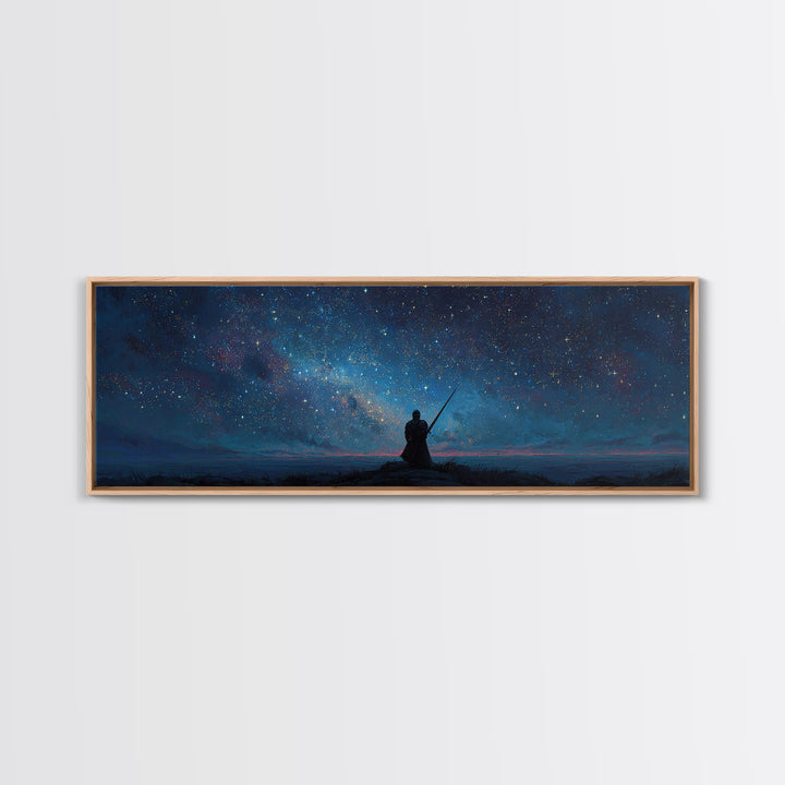 Magical Knight In Armor Under Starry Sky Night Landscape Wall Art Framed Canvas Print For Fantasy Decor