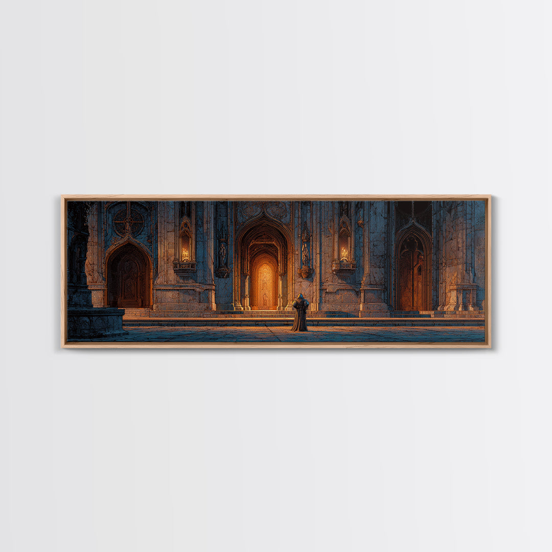 Medieval Knight Standing Before Illuminated Gothic Cathedral Entrance Wall Art Framed Canvas Print