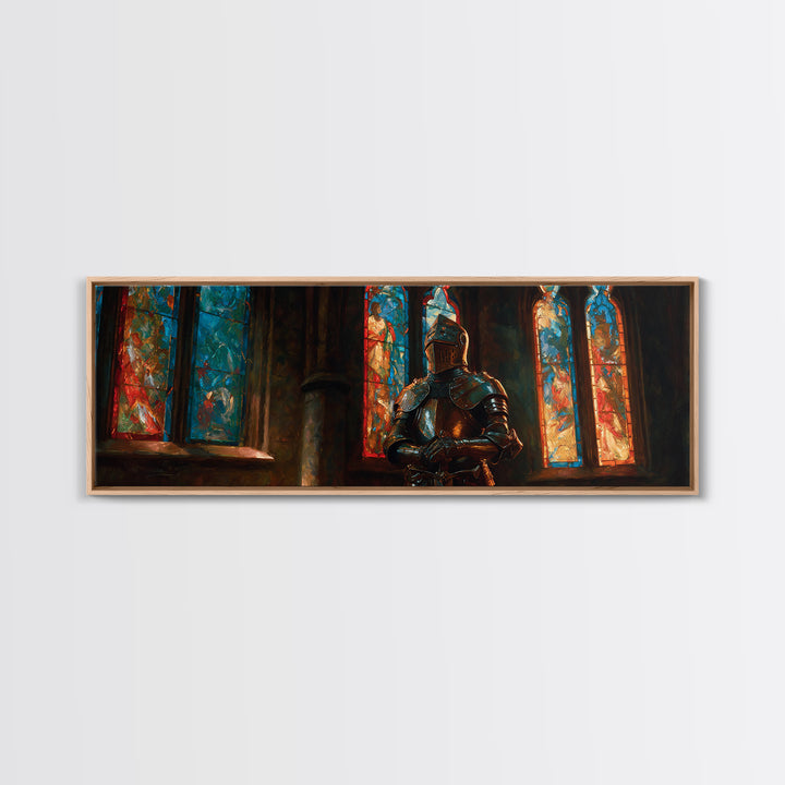 Praying Knight In Gleaming Armor Amid Stained Glass Windows Framed Canvas Print Medieval Religious Wall Art