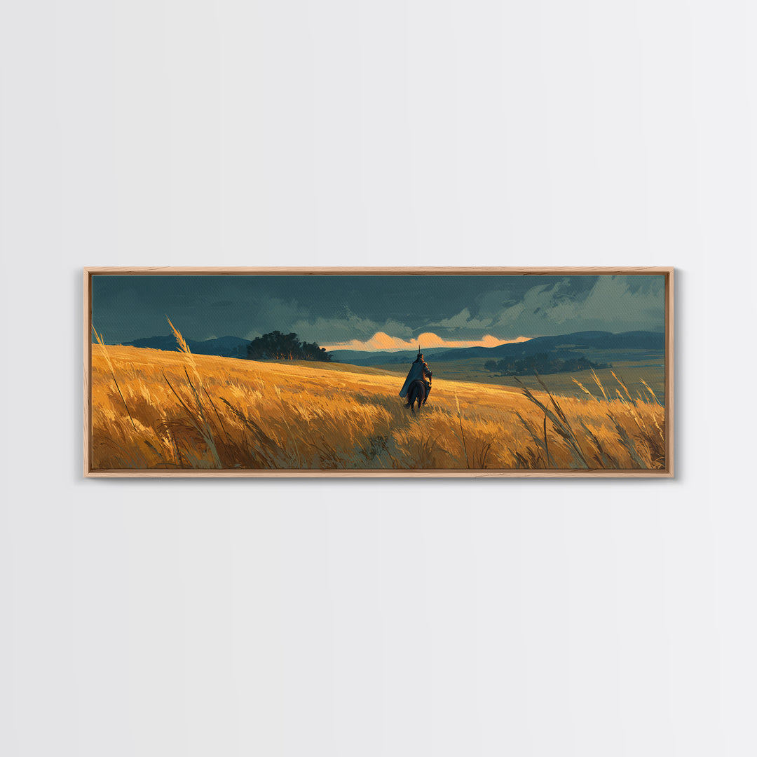 Solitary Knight Riding Through A Vast Golden Wheat Field At Sunset Landscape Canvas Print For Rustic Home Decor