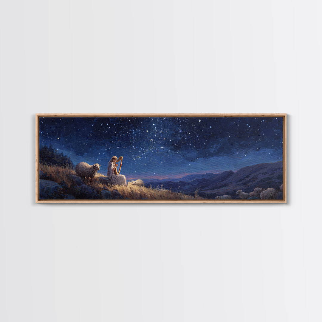 Serene Nighttime Scene of Woman Playing Harp Among Sheep Under Starry Sky Magical Landscape Wall Art Canvas Print