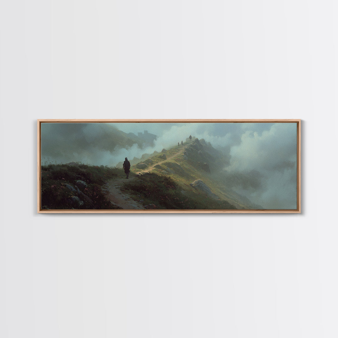Epic Fantasy Landscape With Knight On Foggy Mountain Path Wall Art Framed Canvas Print For Bedroom Decor