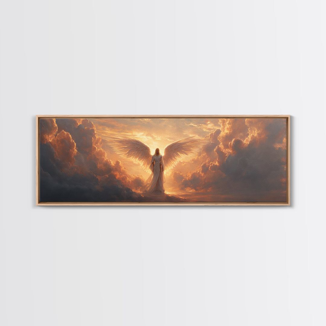 Majestic Angel Figure Surrounded By Glowing Clouds Inspirational Religious Wall Art Canvas Print For Spiritual Home Decor