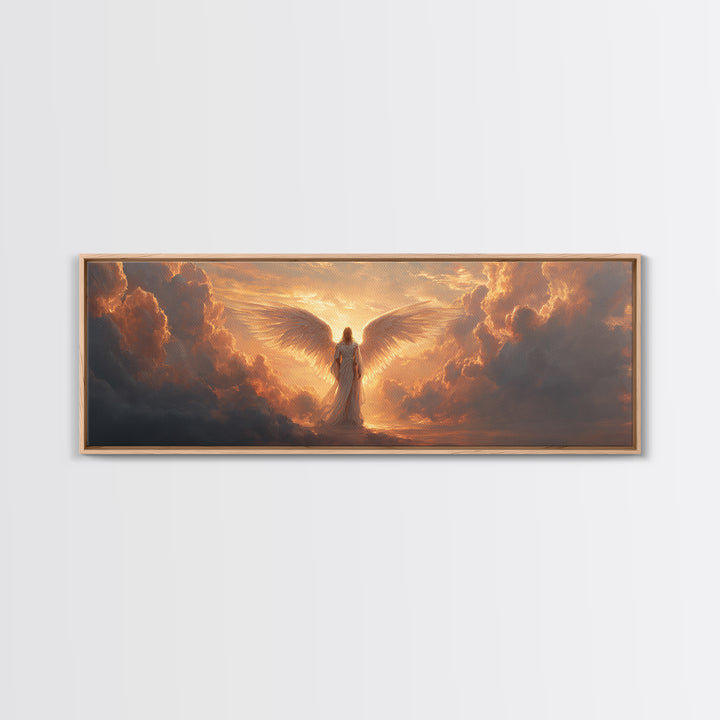 Majestic Angel Figure Surrounded By Glowing Clouds Inspirational Religious Wall Art Canvas Print For Spiritual Home Decor