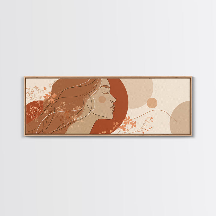 Boho Woman Profile Floral Wall Art, Terracotta Sun Canvas Print, Feminine Abstract Portrait, Modern Bedroom Decor, Gift For Her