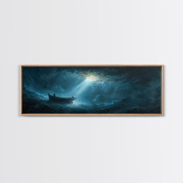 Stormy Seascape With Lone Boat Piercing Light Rays Through Clouds Canvas Print Large Wall Art Home Decor