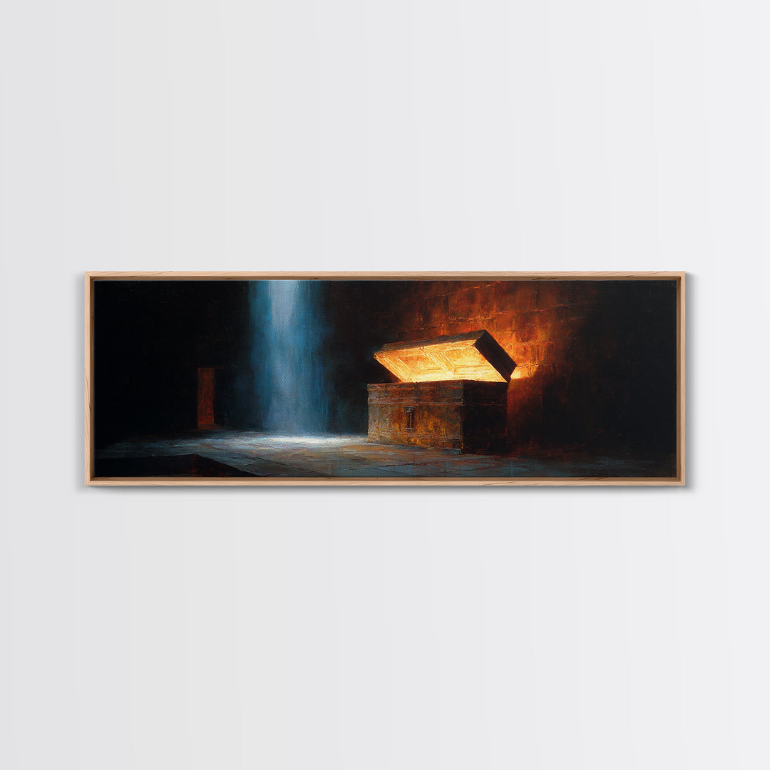 Mysterious Ancient Treasure Chest In Dimly Lit Room Oil Painting Canvas Print Unique Wall Art For Medieval Fantasy Decor