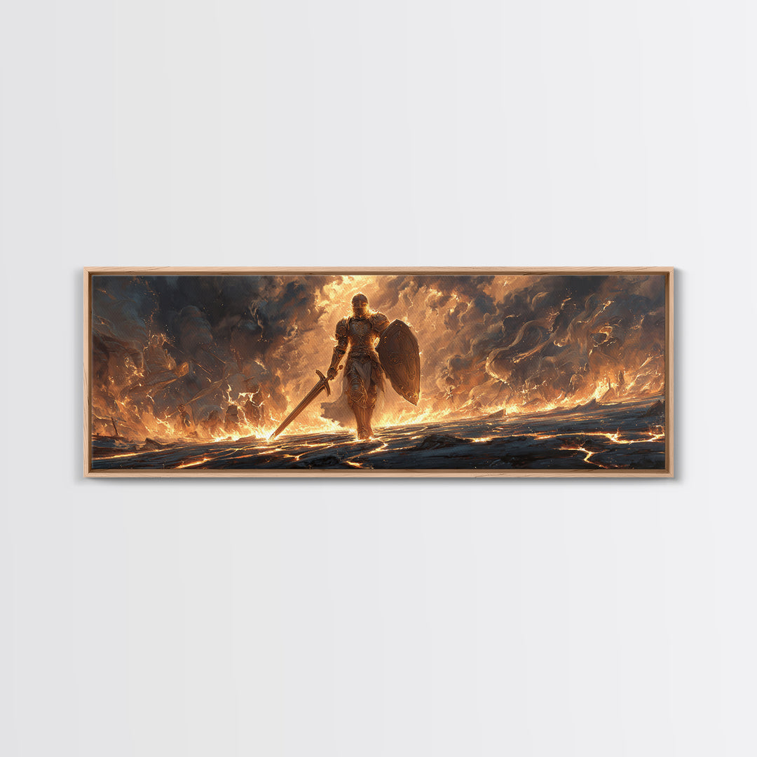 Mighty Armored Knight Walking Through Fiery Battlefield With Sword And Shield Canvas Print Medieval Fantasy Wall Art For Home Decor