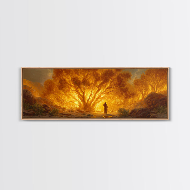Dramatic Burning Tree With Spiritual Figure Walking Through Fiery Forest Original Art Canvas Print For Inspirational Wall Art Decor