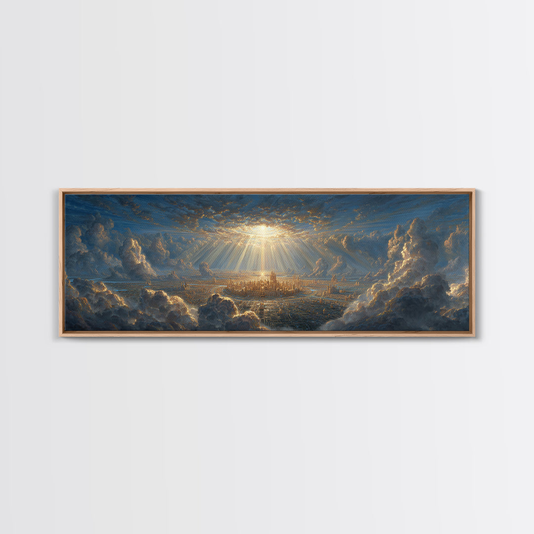 Sunlit Fantasy City Amidst Dramatic Clouds Wall Art Framed Canvas Print For Modern Home Decor And Fantasy Art Collectors Gift