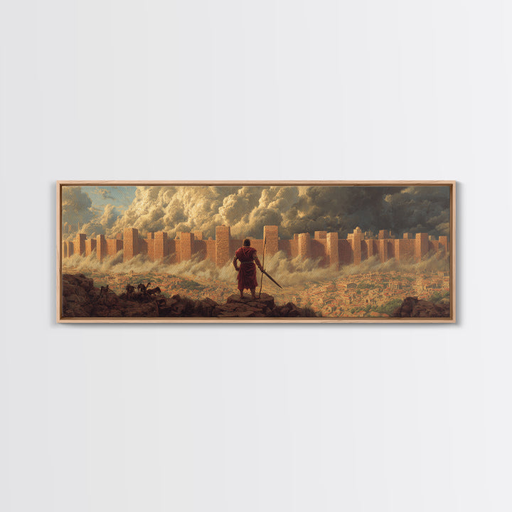 Epic Ancient Siege Scene With Warrior Overlooking Burning City - Dramatic Wall Art Canvas Print For Home Office And Living Room Decor