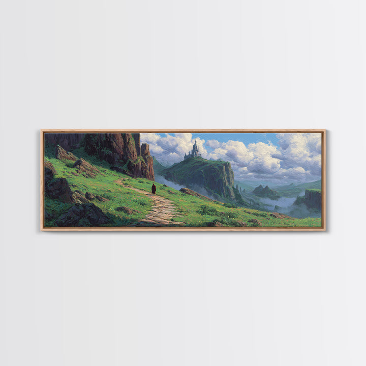 Enchanting Fantasy Landscape With Lone Traveler Walking Toward Mystic Castle on Cliff Surrounded by Lush Greenery Wall Art Canvas Print
