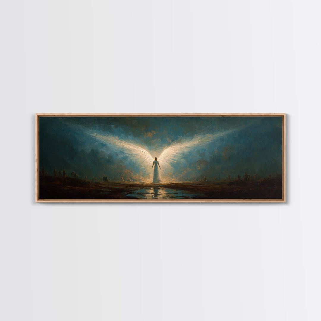 Ethereal Canvas Print Of Angelic Figure Radiating Light Among Heavenly Battle Scene Spiritual Wall Art For Inspirational And Contemporary Home Decoration