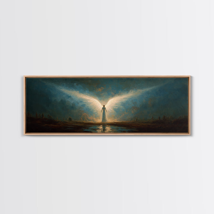 Ethereal Canvas Print Of Angelic Figure Radiating Light Among Heavenly Battle Scene Spiritual Wall Art For Inspirational And Contemporary Home Decoration