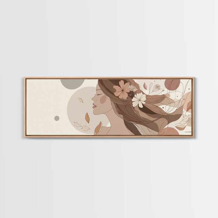 Feminine Floral Woman Profile Wall Art, Neutral Line Art Canvas Print, Boho Bedroom Decor, Romantic Gift For Her, Wall Decor