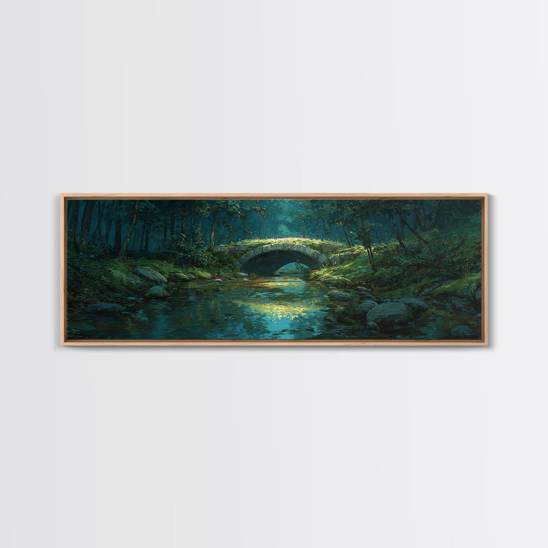 Enchanted Forest Bridge Over Quiet Stream Surrounded By Lush Trees Greenery Nature Wall Art Canvas Print For Home Decor