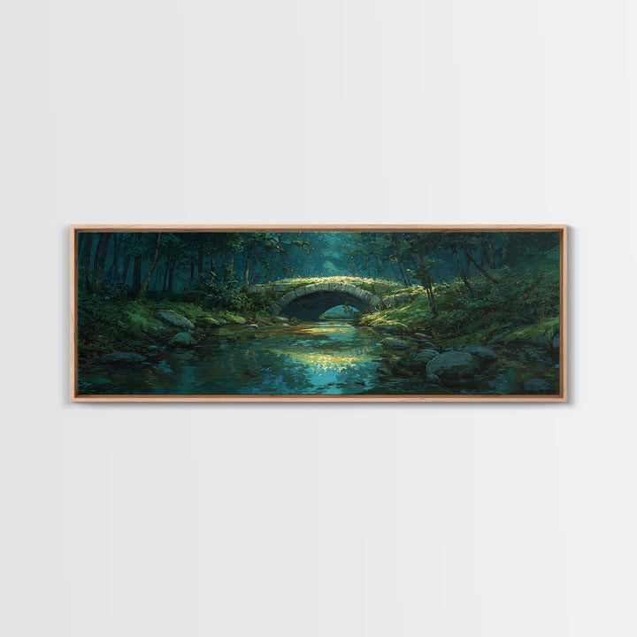 Enchanted Forest Bridge Over Quiet Stream Surrounded By Lush Trees Greenery Nature Wall Art Canvas Print For Home Decor