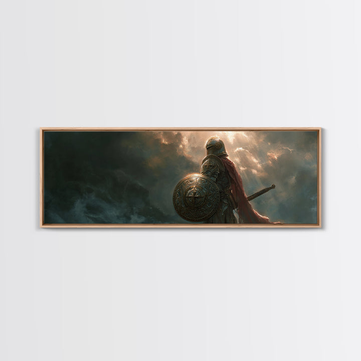 Knight In Armor Standing Against Dramatic Sky Full Of Clouds And Sun Rays - Epic Warrior Wall Art Framed Canvas Print For Home