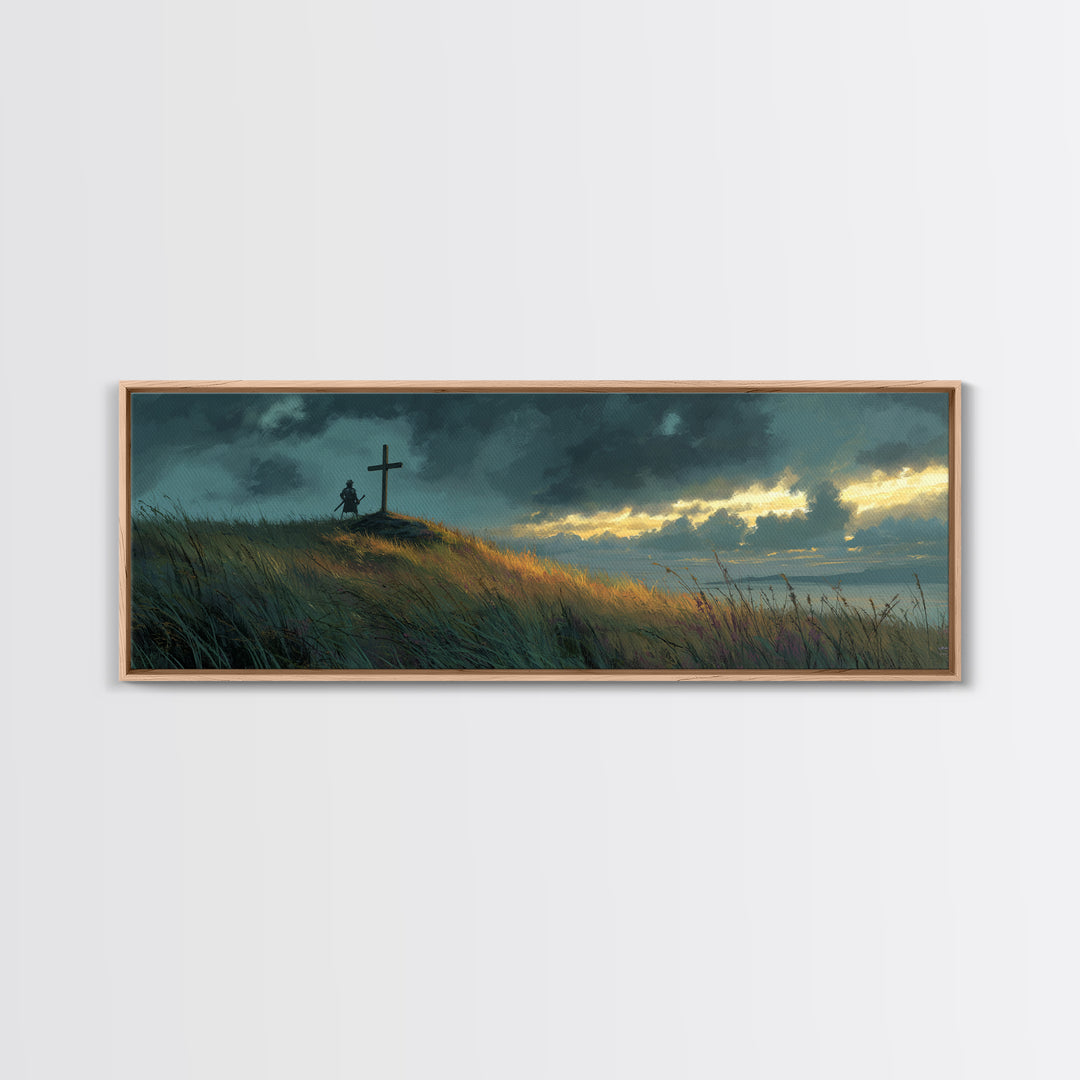 Peaceful Landscape Painting Of Knight And Cross At Sunset Over Rolling Hills Moody Wall Art Print