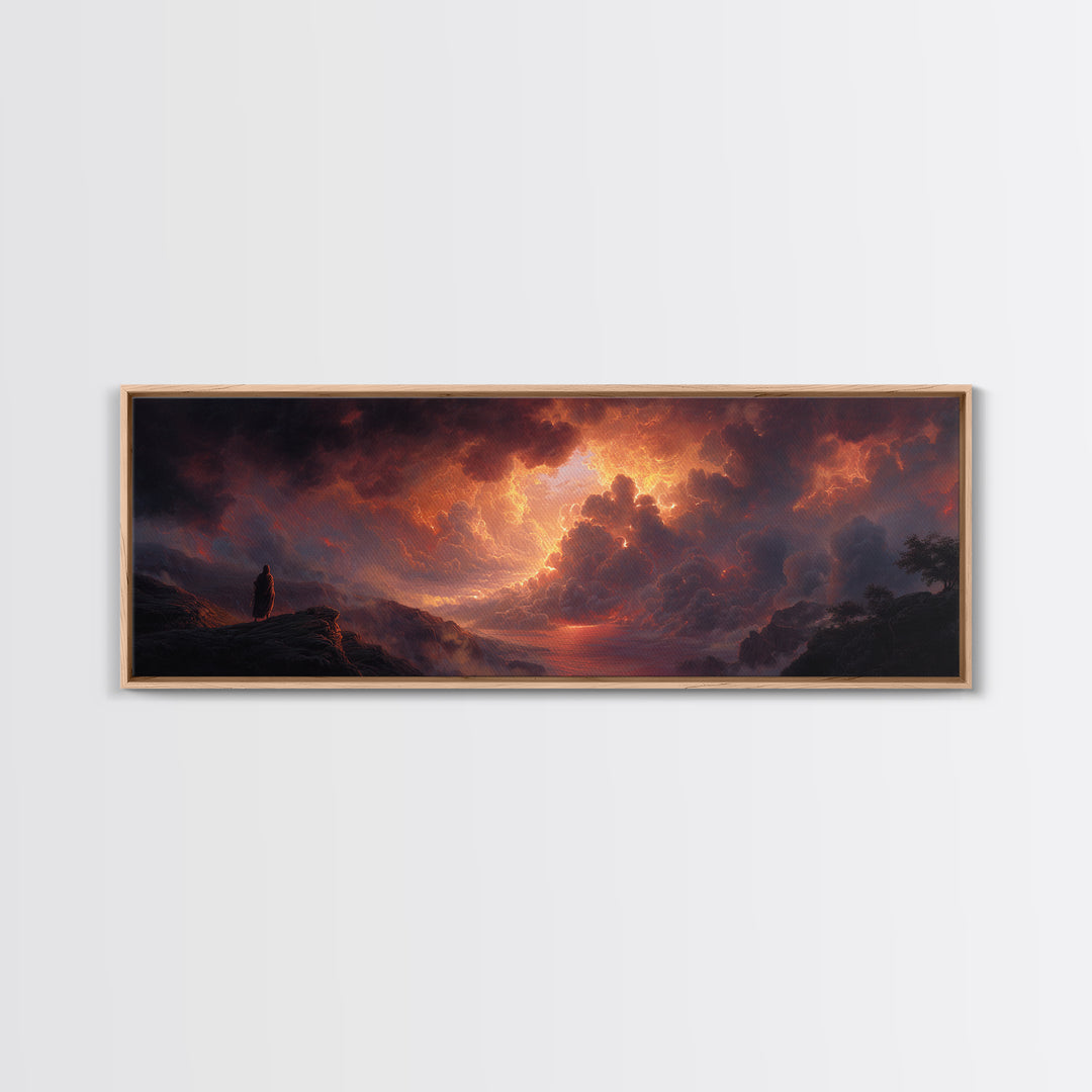 Epic Figure Facing Fiery Sunstorm Fantasy Landscape Wall Art Framed Canvas Print For Dramatic Home Decor And Contemporary Art Lovers
