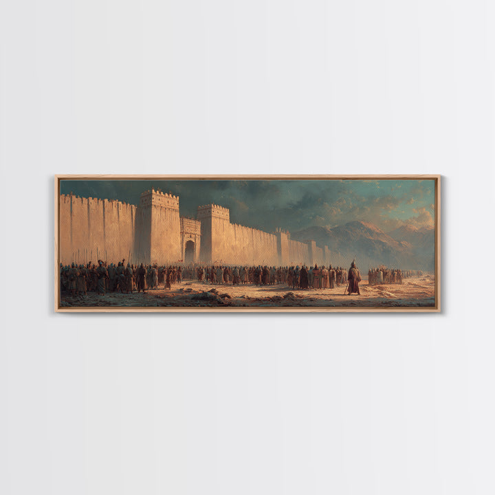 Historical Ancient Fortress Castle With Army Gathering In Front Under Moody Sky Canvas Print