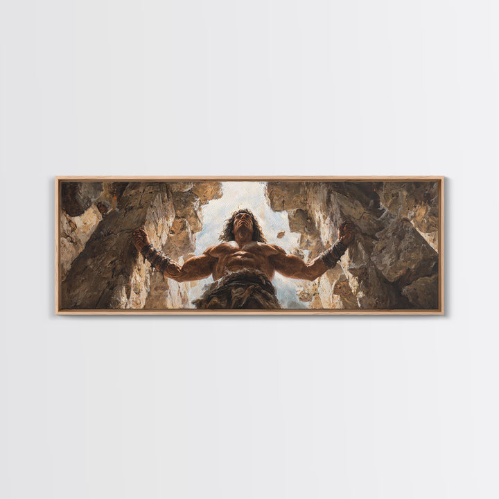 Powerful Barbarian Breaking Rocks With Muscular Strength Wall Art Framed Canvas Print For Home Decor And Office