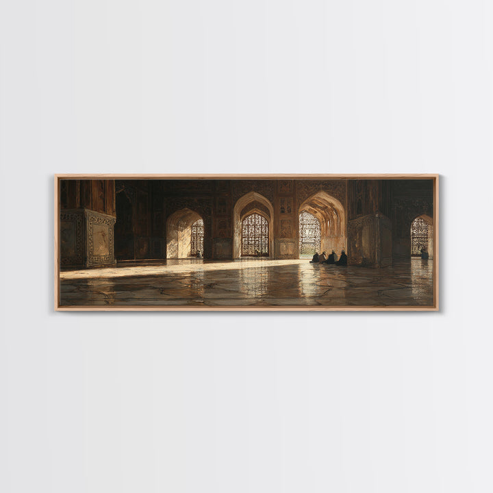 Golden Mosque Prayer Hall Wall Art, Islamic Architecture Canvas, Arabic Home Decor, Spiritual Travel Print For Living Room